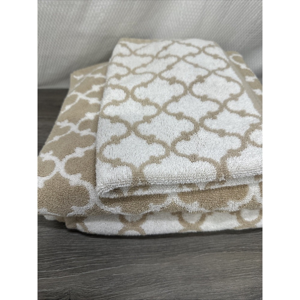 2 Vintage Bath Towels Cotton Brown Tan White Trellis 2 Towels One Hand Towel